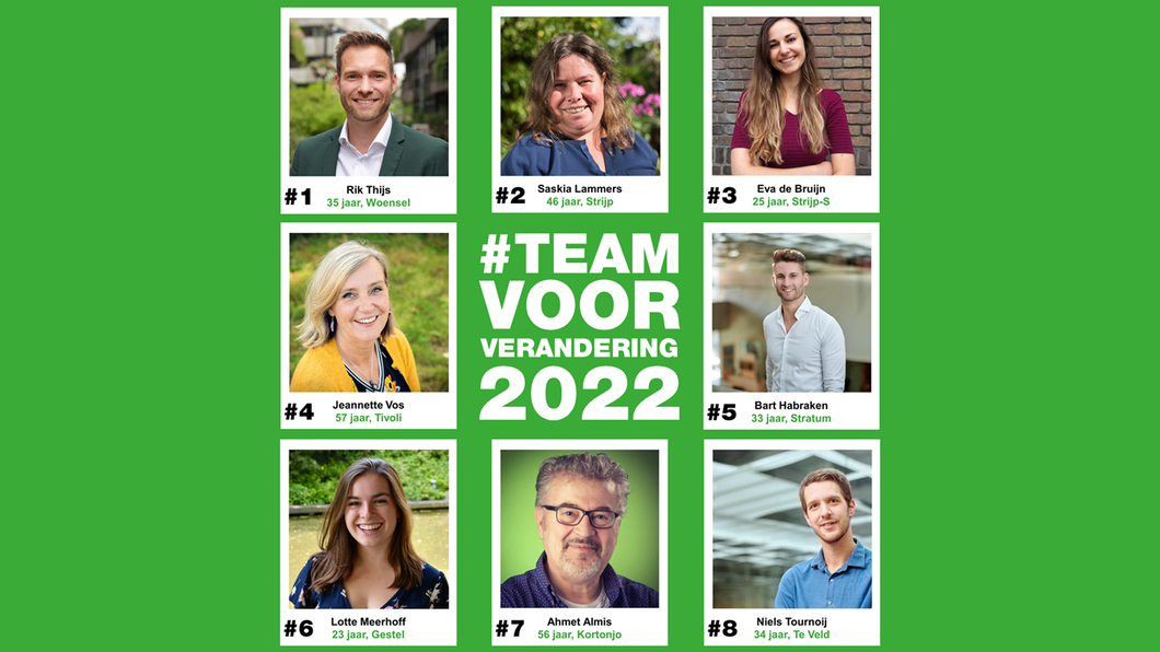 Portretfoto's van onze top 8 met daarbij #TeamVoorVerandering2022