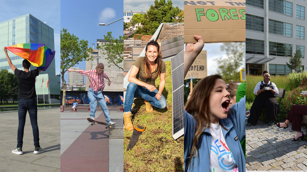 1: student wapperend met regenboogvlag. 2: meisje springt met skatebord op stadhuisplein in de lucht. 3: vrouw zit naast zonnepanelen op een groen dak. 4: meisje schreeuwend op klimaatmars. 5: vrouw lachend koffie drinkend op vergroend Clausplein.