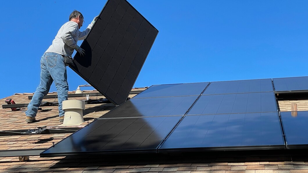 Man op het dak die een zonnepaneel vast heeft tijdens installatie