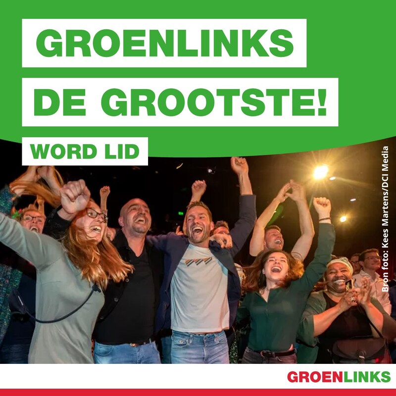 GroenLinks de grootste: word lid. Foto met juichende mensen.