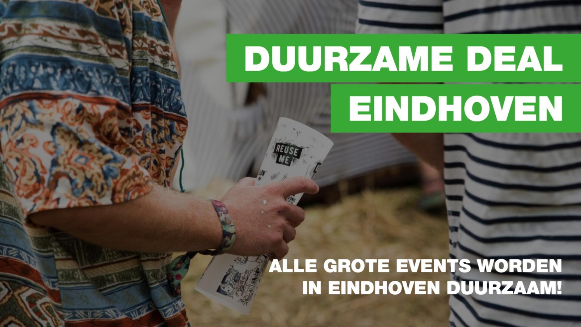 Foto van een hand die een reusable cup vasthoudt met de tekst Duurzame Deal Eindhoven, alle grote events worden in Eindhoven duurzaam