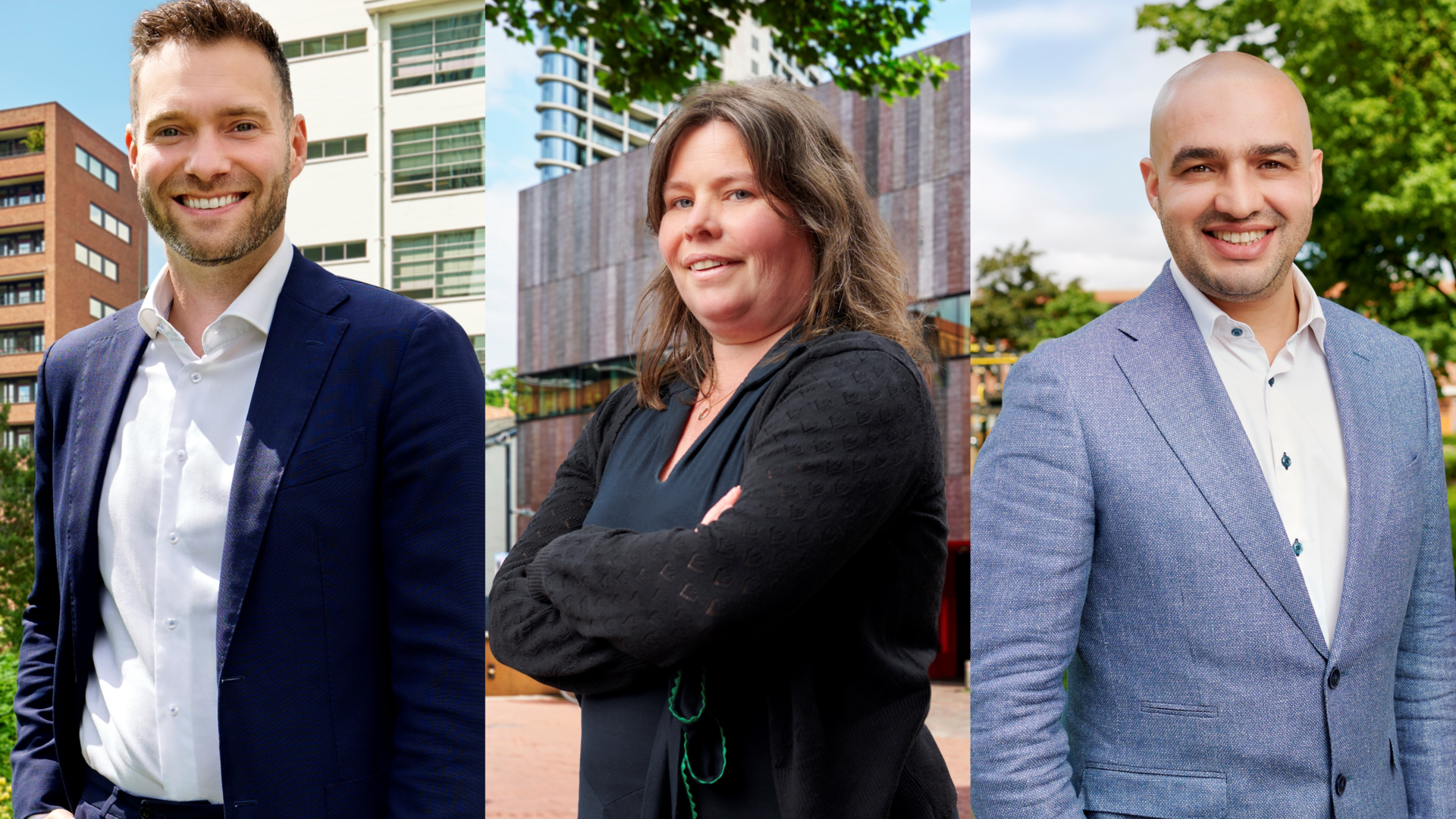 De drie wethouderskandidaten van GroenLinks. Vlnr: Rik Thijs, Saskia Lammers, Samir Toub.